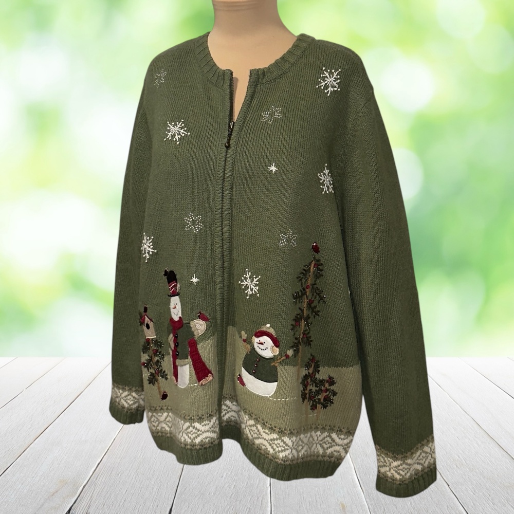 Vintage CROFT BARROW Embroidered Christmas Cardigan Beaded Snowman Plus 1X